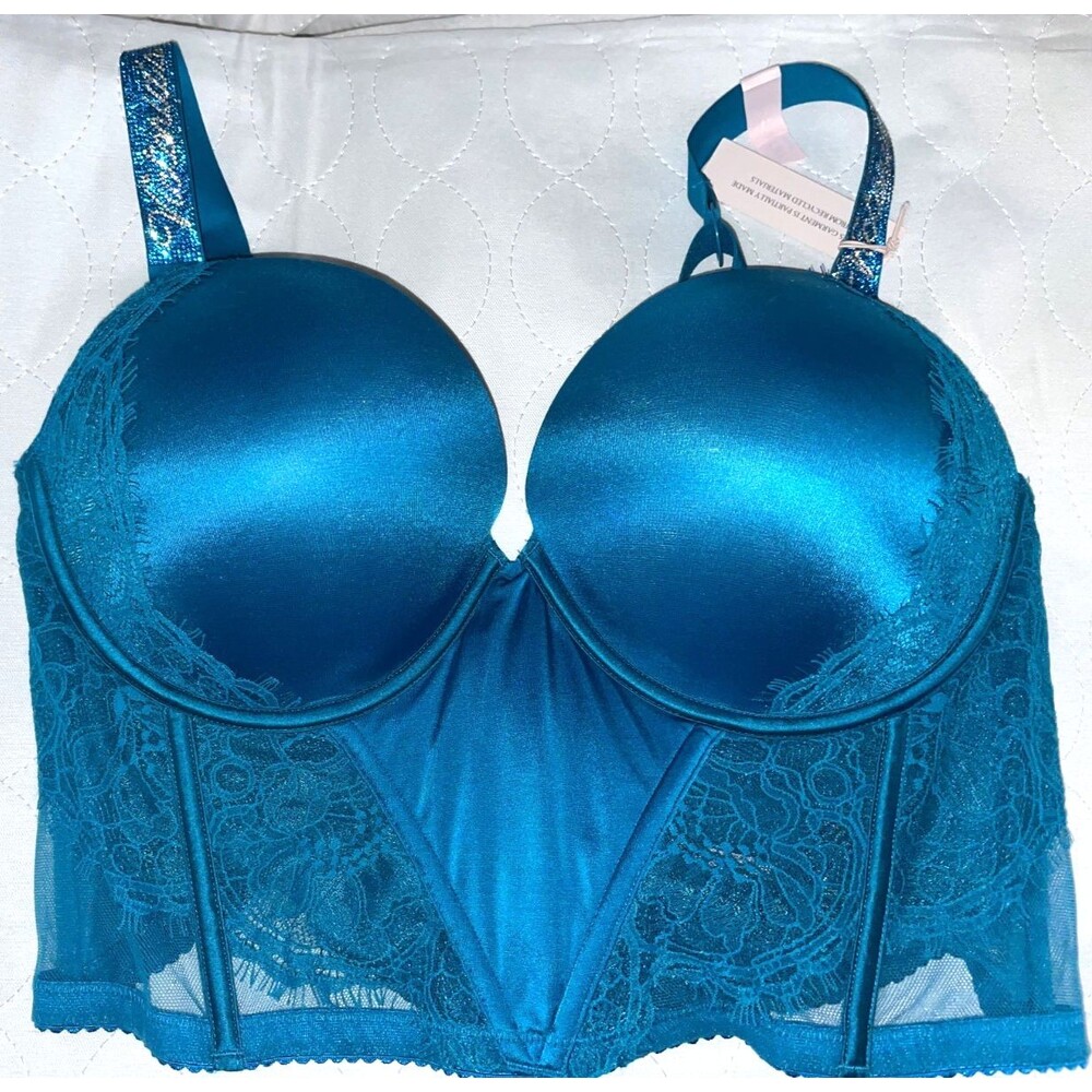 Victoria Secret Corset Very Sexy Push Up Bra 36D Shine Strap Lace Blue Logo NWT